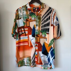 Pull & Bear Landscape Shirt Summer Colorful Hawaiian Vacation Size Medium Flaw